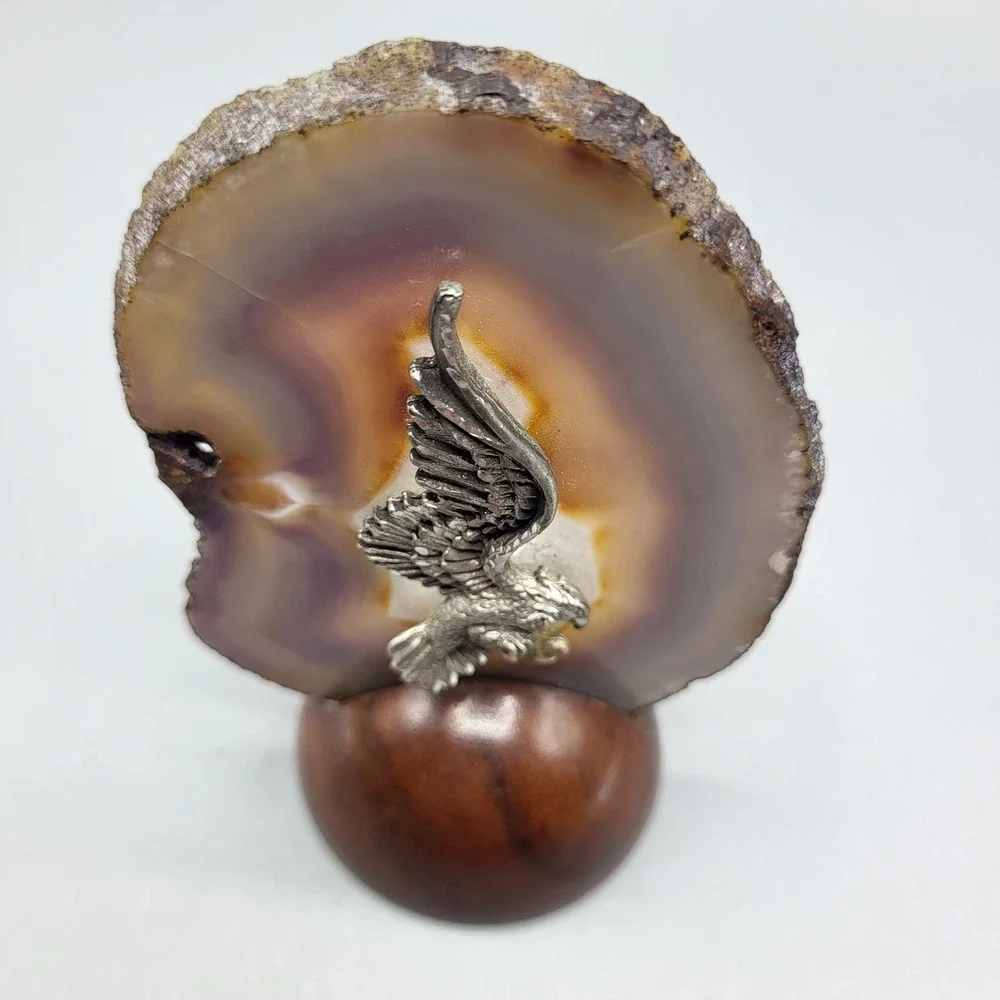 Agate Geode Metal Eagle Figurine Brazilian Stone Wood Base Brown Shelf Decor